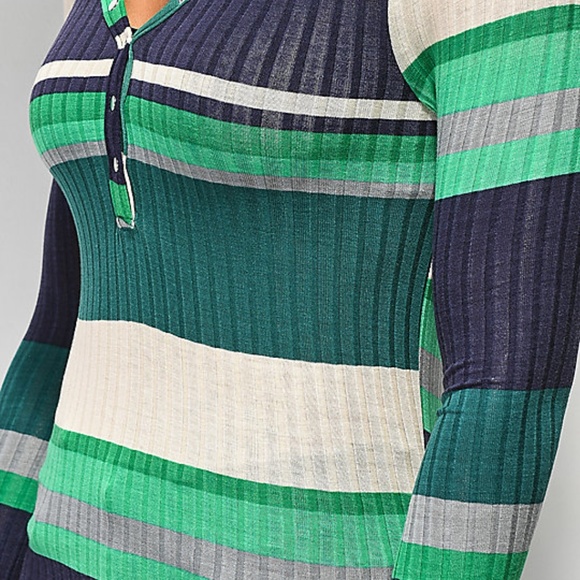Ribbed Knit Striped Snap Button Henley Top - Picture 2 of 6